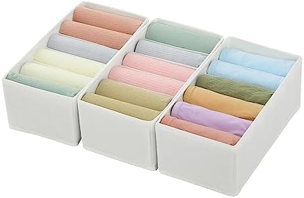 Qozary 3 Pack Sock Underwear Drawer Organizer Dividers, Non-Woven Fabric Collapsible Cabinet Closet Storage Boxes for Clothes, Socks, Lingerie, Underwear, Tie, Belt, Baby, Bedroom (White, 6 Cells) by Qozary