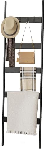 Blanket Ladder, 5-Tier Towel Holder with 4 Removable Hooks, Farmhouse Wall Leaning Decorative Rack Shelf, Wooden Towel Display Rack, Quilt Ladder for Living Room, Bedroom, Black by VANTIMO