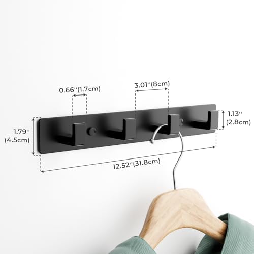 Black Coat Rack Wall Mount - 12.5" Rail with 4 Right-Angle Hooks(2 Pack) - Image 3