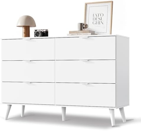 6-Drawer Moden TV Stand, White Tall TV Console Fits Up to 55" TV by GALAXHERO