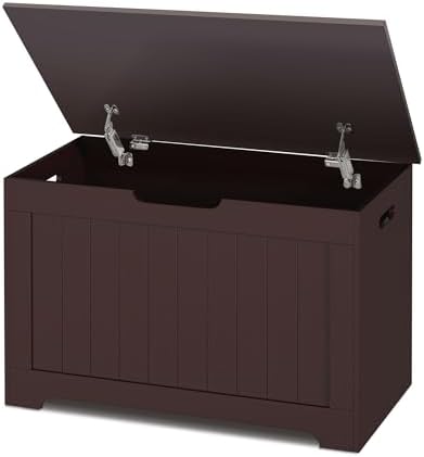 SUPER DEAL Storage Chest, 30 inches Toy Chest Box Organizer with 2 Safety Hinges, Wooden Entryway Storage Bench, Brown by Superdeal