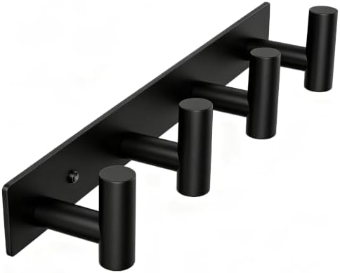 Wall Mounted Coat Rack-4 Hooks, Heavy Duty Stainless Steel Wall Hooks for Towel Coat Bag, Hat Rack Coat Hanger Coat Hooks Towel Racks for Bathroom Entryway Kitchen Hotel Office (Black, 1 Pack) by VINHOLD