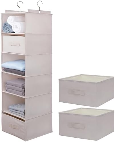 Large Hanging Sweater Organizer for Closet,Collapsible 6-Shelf Hanging Closet Shelves with Drawers, Washable (Beige -6 Shelf-2 d) by Unknown