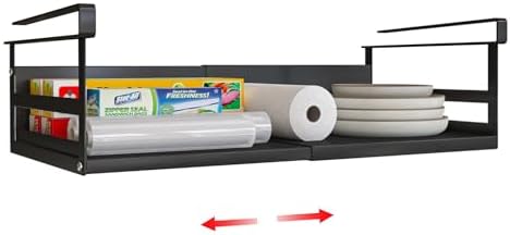 Expandable Under Cabinet Shelf Organizer with 0.94-Inch Thick Clips, Heavy Duty Extendable Under Shelf Storage Basket for Pantry or Laundry Room, Black, 1 Pack, Interior: 4.13" H x 8.54" D by SHINEWON