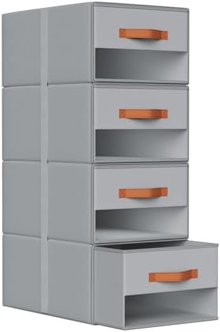 DIMJ Closet Organizers and Storage - Fabric Bins with Drawers for Closet Clothes Organizers with Clear Window, Stackable Storage Drawers Units for Bedroom, Living Room, 4 Pack, Grey by DiMJ