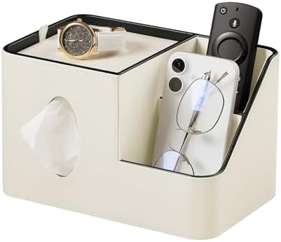 PU Leather Square Tissue Box Cover with Magnetic Closure, Tissue Holder with Storage Tray & Remote Control Organizer, for Nightstand, Living Room, Bathroom, Office Desk (White) by Unknown
