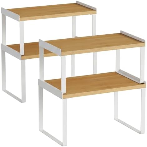 Goozii Cabinet Shelf Organizers Set of 4, Kitchen Countertop Rack for Plates Dishes Cups Mugs Spices, Pantry Cupboard Cabinet Organizers, Storage Shelves Rack Insert for Counter (Bamboo Wood, White) by Goozii