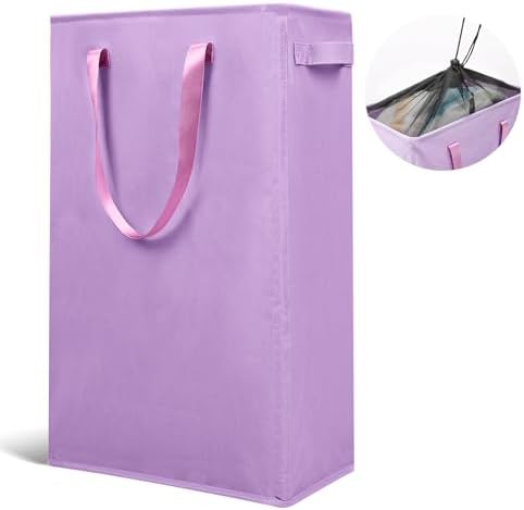 Odonata Slim Laundry Hamper Handles Collapsible Laundry Basket Thin Dirty Clothes Basket Narrow Laundry Bag Foldable Dirty Hamper 45L (Light Purple) by Odonata
