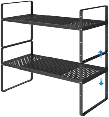 Expandable Cabinet Shelf Organizers, Kitchen Small Stand Rack Organization for Countertop Cupborad Pantry Desktop Spice Rack, Black 2 Pack by KIKIBRO