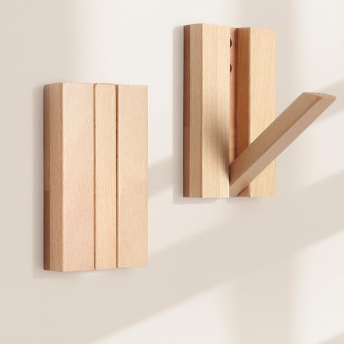 Wall Hooks for Small Space: 2Pack Foldable Wood Natural Coat Hooks by KYIAANY