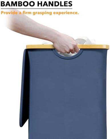 SpaceAid Laundry Hamper with Lid, 110L Large Tall Clothes Basket Bin with Bamboo Handles, Collapsible Laundry Hamper for Bedroom, Bathroom, Dorm, Laundry Room - Blue - Image 6