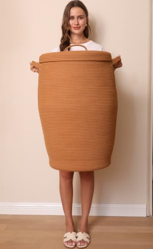 26"x20" Cottonphant Extra Large Tall Woven Laundry Basket with Lid, Cotton Rope Blanket Storage Basket, Freestanding Decorative Bin for Bedroom Living Room, Rust Brown - Image 4