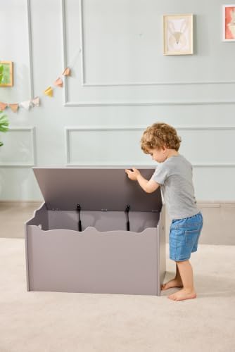 Amazon Basics Kids Wooden Toy Storage Chest with Safety Lid, Spacious Organizer for Bedroom, Gray, 30" x 18" x 19" - Image 2