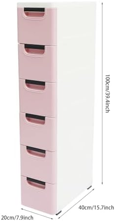 6 Drawers Narrow Slim Plastic Storage Cabinet,Storage Drawer with Wheels,6 Tier Drawers Dresser,Rolling Narrow Cabinet for Small Spaces Bathroom Kitchen Living Room,Pink - Image 3