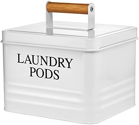 Calindiana Modern Farmhouse Metal Laundry Pods Holder Container with Lid for Laundry Room Decor and Accessories and Space Saving Organization and Storage, Holds 81 Laundry Pods, White by Calindiana
