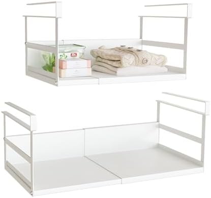 Expandable Under Cabinet Shelf Organizer with 1.25 Inches Thick Clips, Heavy Duty Extendable Under Shelf Storage Basket for Pantry or Laundry Room, White, 2 Pack, Interior: 5.7" H x 8.54" D by SHINEWON