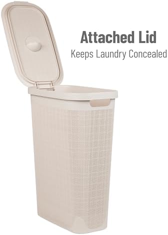 Mind Reader Slim Laundry Hamper with Lid, 40L Clothes Basket, Linen Design, Plastic, Ivory - Image 5