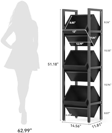 LITTLE TREE 3-Tier Basket Stand, Wooden Floor Stand Shelving Unit, Rustic Standing Organizer Storage Rack for Kitchen, Bathroom, Living Room (Black) - Image 3