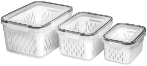 Fruit and Vegetable Storage Containers for Fridge, 6 Pcs/3 Sets Keep Fresh Produce Saver Containers Keeper, Food Storage Containers with Removable Colander (grey) by KOXXIAMOQ