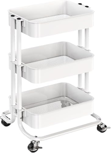 Pipishell 3 Tier Metal Rolling Utility Cart with 2 Lockable Wheels, White by Pipishell