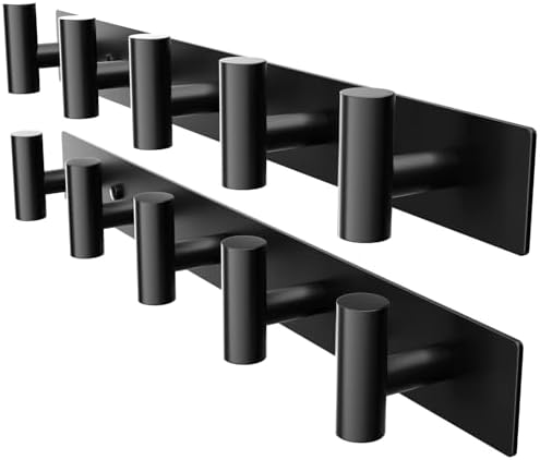 Black Wall Mounted Coat Rack – 5 T-Shaped Hooks on 16.5" Rail, (2 Pack) by GWAAZXGZ
