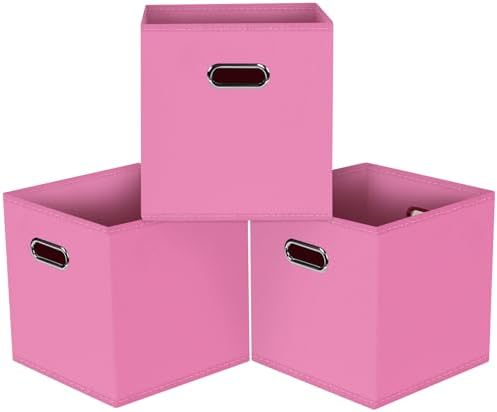 Black Foldable Storage Cubes Bins, Fabric Storage Box Cubes Organizer Baskets with Dual Handles for Home Organizer,Set of 3,(Pink) by HEAYEEG