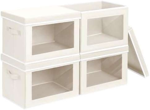 Homsorout Fabric Storage Bins with Lids, Decorative Storage Boxes, Closet Storage Bins with Window, Storage Baskets for Closet, Closet Organizers for Towel, Clothes, Beige, 4-Pack by Homsorout