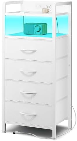Lazzanto Nightstand with Rear Charging Station, LED Light, 4 Drawers, White by Lazzanto