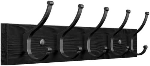 Optish 1 Pack Wooden Black Coat Rack Wall Mount, 16.1" Rustic Coat Hanger Hooks with 10 Double Hooks, Wall Coat Rack for Hat, Clothes, Bags, Jacket by Optish