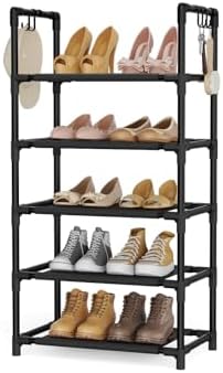 LANTEFUL 5 Tiers Shoe Rack 12-15 Pairs Boots Organizer Storage Sturdy Narrow Shoe Shelf for Entryway, Closets with Hooks, Black by LANTEFULforTidyingHouse