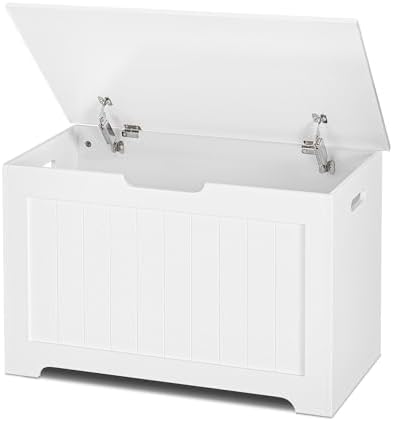 SUPER DEAL Storage Chest, 30 inches Chest Box Organizer with 2 Safety Hinges, Wooden Entryway Storage Bench, White by Superdeal