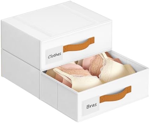 DIMJ Underwear Drawer Organizer, Stackable Bra Organizer for Closet 2 Pack, Bra Storage With Fabric Storage Drawers, Collapsible Closet Organizers for Clothes, Socks, Bra, Scarf, Baby Clothes, White by DiMJ