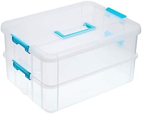 BTSKY 2 Layer Stack & Carry Box, Plastic Multipurpose Portable Storage Container Box Handled Organizer Storage Box for Organizing Stationery, Sewing, Art Craft, Jewelry and Beauty Supplies Blue by BTSKY