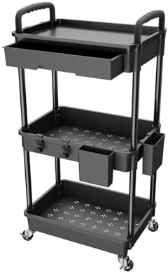 3 Tier Rolling Utility Cart with Drawer,REBECAT Utility Cart Made of Multifunctional Storage Organizer Tool for Kitchen,Bathroom,Living Room,Office(Black) by Unknown