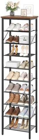 MAHANCRIS 10 Tier Narrow Shoe Rack Organizer, Tall Slim Shoe Storage for Small Space, Holds 10-20 Pairs, Metal Shoe Shelf with Wooden Top for Entryway Closet Bedroom, Rustic Brown and Black SRHR11401 by MAHANCRIS