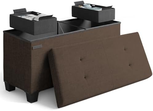 Storage Ottoman Bench with Bins, 30-in Storage Bench for Bedroom End of Bed, Folding Foot Rest Ottoman for Living Room Max 660lbs, Fabric Ottomans, Brown by STORAGEBUD