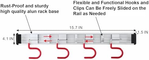 Wall Mounted Mop and Broom Holder Stainless Steel S Type Broom Rack Anti-Slip Mop Organizer (34Inches,8 Positions 6 Hooks, Red White) - Image 2