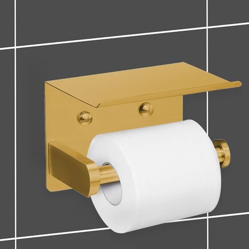 VAEHOLD Self Adhesive Toilet Paper Holder with Phone Shelf Stainless Steel Wall Mounted Toilet Paper Roll Holder - Rustproof and Bathroom Washroom Tissue Roll Holder with Storage Shelf - Gold - Image 5