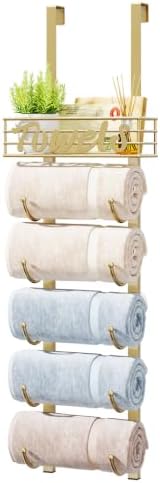 HapiRm Towel Racks for Bathroom Storage - 6 Tier Over The Door & Wall Mount Rolled Towel Storage Organizer Holder with Metal Shelf Basket for Small Bathroom, Camper, Rv - Gold, Patented by HapiRm