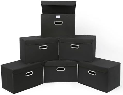 STOREONE Fabric Storage Cube Bins Foldable Organizer Container Collapsible Basket with Lids and Metal Handles, for Home, Bedroom, Closet 6 Pcs (Black) by STOREONE