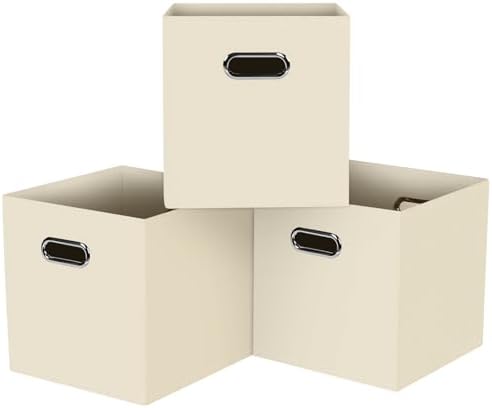 Black Foldable Storage Cubes Bins, Fabric Storage Box Cubes Organizer Baskets with Dual Handles for Home Organizer,Set of 3,(Creamy-White) by HEAYEEG
