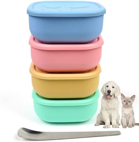 2ME Airtight Pet Wet Food Storage Containers with Lids (4-Pack, 12oz) - Silicone Meal Prep Kit for Dog & Cat Food - Freezer, Microwave & Dishwasher Safe - with Stainless Steel Scoop by 2ME