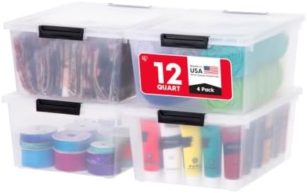 IRIS USA 4-Pack 12 Qt Storage Bins with Lids, Plastic Box, Clear/Black by IRISUSA
