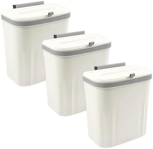 3 Pack Hanging Trash Can with Lid, 10L/2.6 Kitchen Compost Bin for Counter Top or Under Sink, Small Plastic Waste Basket Wall Mounted Garbage Can for Cupboard/Bathroom/Bedroom/Office/Camping (White) by Wensdr