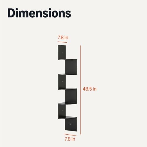 Amazon Basics 5-Tier Corner Shelf, Wall-Mounted, Floating Corner Bookshelf for Living Room, Bedroom, Bathroom, Home Office, 7.8"D x 48.5"W x 7.8"H, Black - Image 2