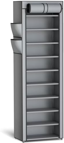 Kitsure 10-Tier Shoe Rack with Cover, Vertical Shelf, 17.5" Wide, Grey by Kitsure