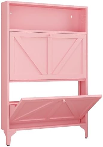 Shoe Cabinet with 2 Flip Drawers, Narrow Shoe Storage Cabinet, Farmhouse Shoe Organizer, Freestanding Organizer with Metal Legs for Entryway, Foyer (Pink, 2 Door) by LINGZOE