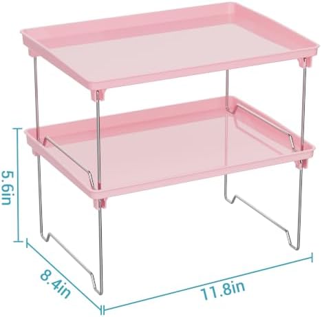 STARLATTA 2 Pcs Cabinet Organizer Shelf，Stackable Kitchen Counter Shelves, Spice Rack,Countertop Organizers，Pink Plastic Storage Shelves Rack for Makeup，Bathroom, Cupboard，Desk，Pantry Organization - Image 3