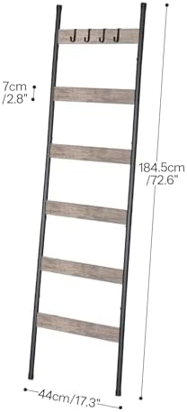 HOOBRO Blanket Ladder, 6-Tier Towel Rack with Hooks, Wall-Leaning Blanket Rack, Decorative Display Ladder Shelf, Scarves, Industrial, Living Room, Bedroom, Black and Greige BG66CJ01 - Image 2