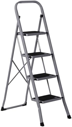 ZENY 4 Step Ladder Folding Step Stool with Wide Anti-Slip Pedal, Convenient Handgrip, Portable Steel Step Stool, 330 lbs Sturdy Steel Ladder for Household and Office, Gray by ZENY